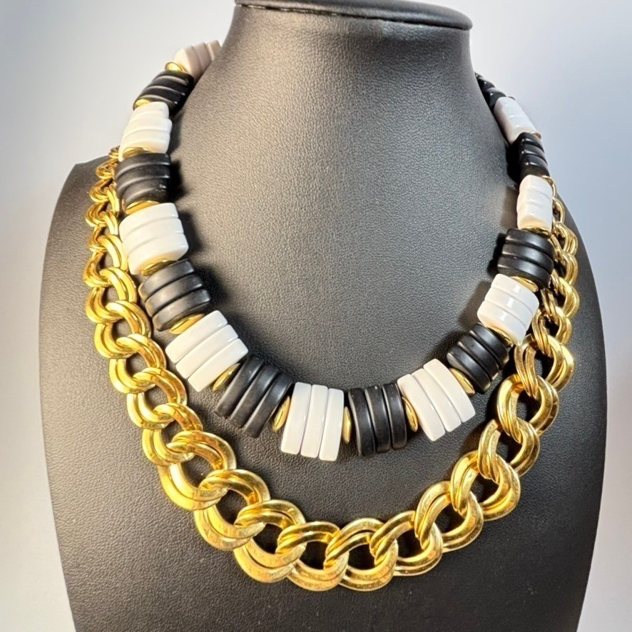 Statement Necklace Lot Black White Gold Chunky Curb Chain 18 in Vintage