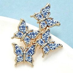 Blue and White Porcelain Style Butterfly Cluster Brooch Gold Tone Enamel Pin