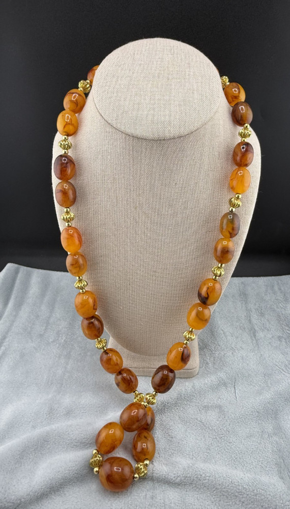 Vintage Beaded Necklace Acrylic Brown Orange Gold Tone 30″