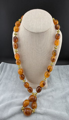 Vintage Beaded Necklace Acrylic Brown Orange Gold Tone 30″