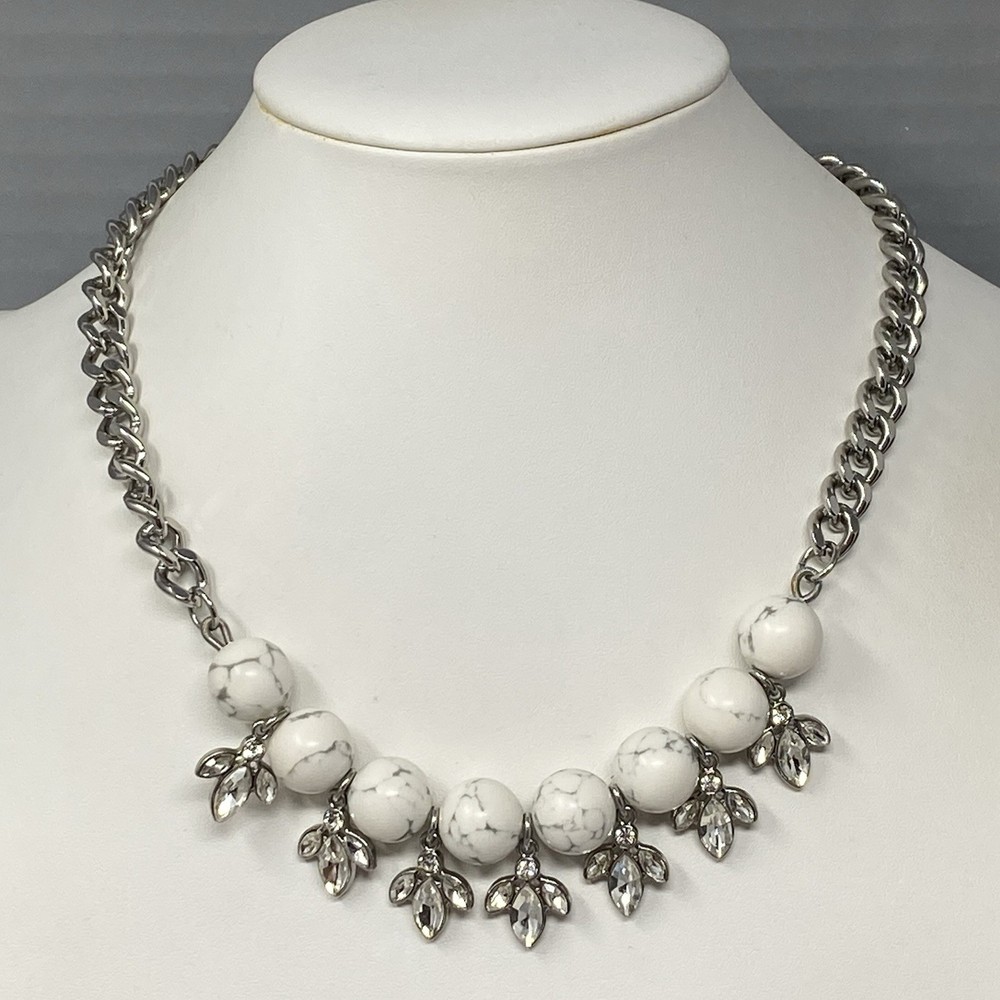 Designer Stone Necklace White Howlite Silver Tone Rhinestone Fringe Adornable.U