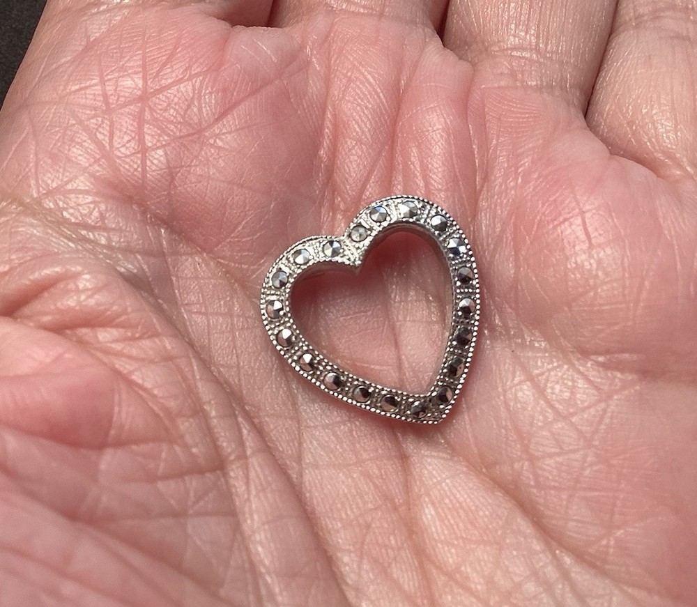 Vintage Theda 925 Sterling Silver Marcasite Open Heart Love Slide Pendant