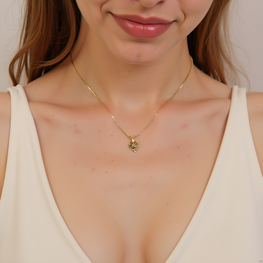 14K Yellow Gold Small Dainty Reflective Heart with Natural Center Diamond