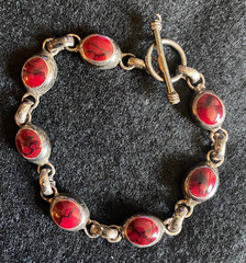 Vintage Sterling Silver Red Jasper Marble Link Bracelet Toggle Clasp 7 1/4″
