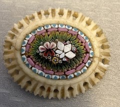 19C Antique Micro Mosaic Brooch Carved Bone Frame Italy Grand Tour missing clasp
