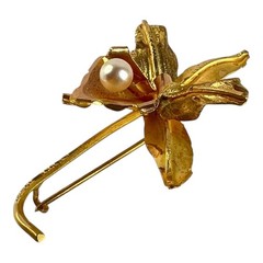 Vintage 18K Yellow & Pink Gold Orchid Pin Genuine Pearl Brooch 3.1g Fine Jewelry