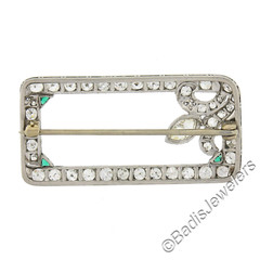 Antique Art Deco Platinum Old Cut Diamond w/ Emeralds Open Geometric Brooch Pin