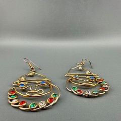Vintage Clown Earrings Gold Tone Multicolor Rhinestone Artisan Open Wire Work