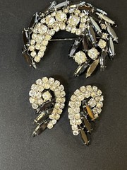 Vintage Julianna Style Demi Parure Crescent Brooch Clip Earrings Clear Jet Stone