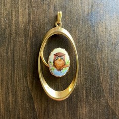 Vintage Gold Tone Elongated Oval Porcelain Pendant With Owl Painting Signed M.A.