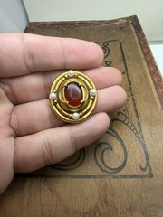 VTG Signed MMA Egyptian Revival Gold Tone Faux Pearl Carnelian Brooch Pin