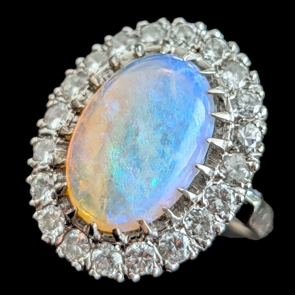 Vintage Opal Diamonds 14k White Gold Large Cocktail Ring Halo Estate Gift