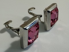 Vintage SAL Swarovski Pink Crystal Clip Earrings Emerald Cut Silver Tone Stamped