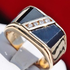 14k yellow gold ring 0.16ct diamond onyx size 8.5 vintage handmade 9.8gr N2303