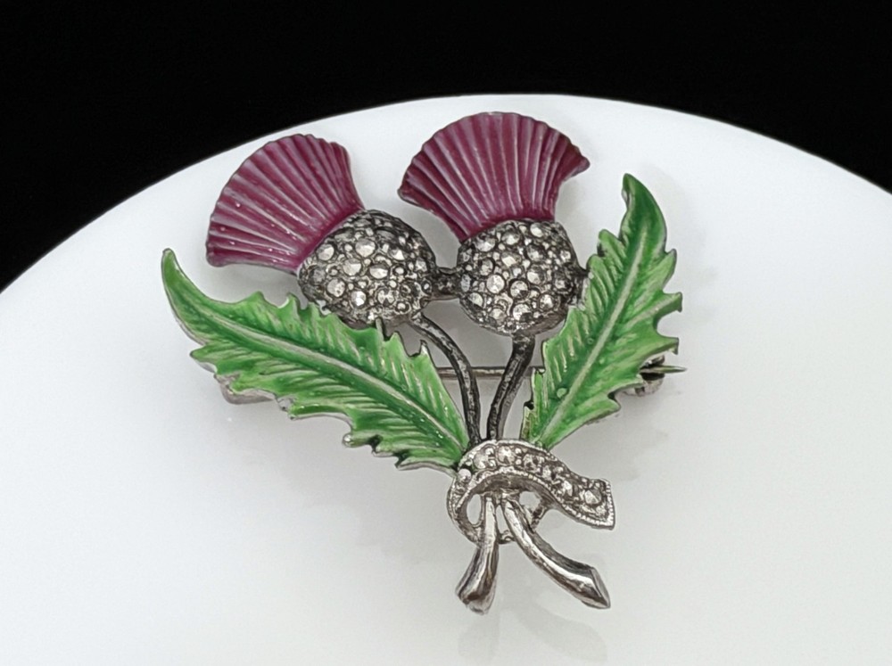 Vintage Scottish Thistle Pot Metal Enamel & Marcasite Flower Brooch Pin
