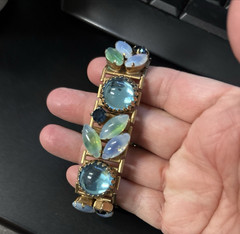 Vintage Bracelet Opaline Navette Glass Cabochon Rhinestone Gold Tone 6.5″ READ