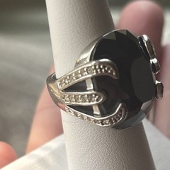 VTG Large Round Onyx Faceted Glass Gorgeous Stone With Rhinestone Accents 5.75