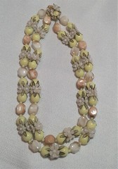 Vintage Beaded Yellow, Peach & Creme Double Strand Floral Lucite Necklace 17in