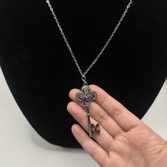 Vintage Style Silver Key Necklace with Rhinestones Handmade