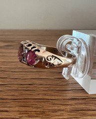 Antique 1911 Edwardian 9K Gold 3 Pink Tourmaline & 4 Old Cut Diamond Ring sz 7