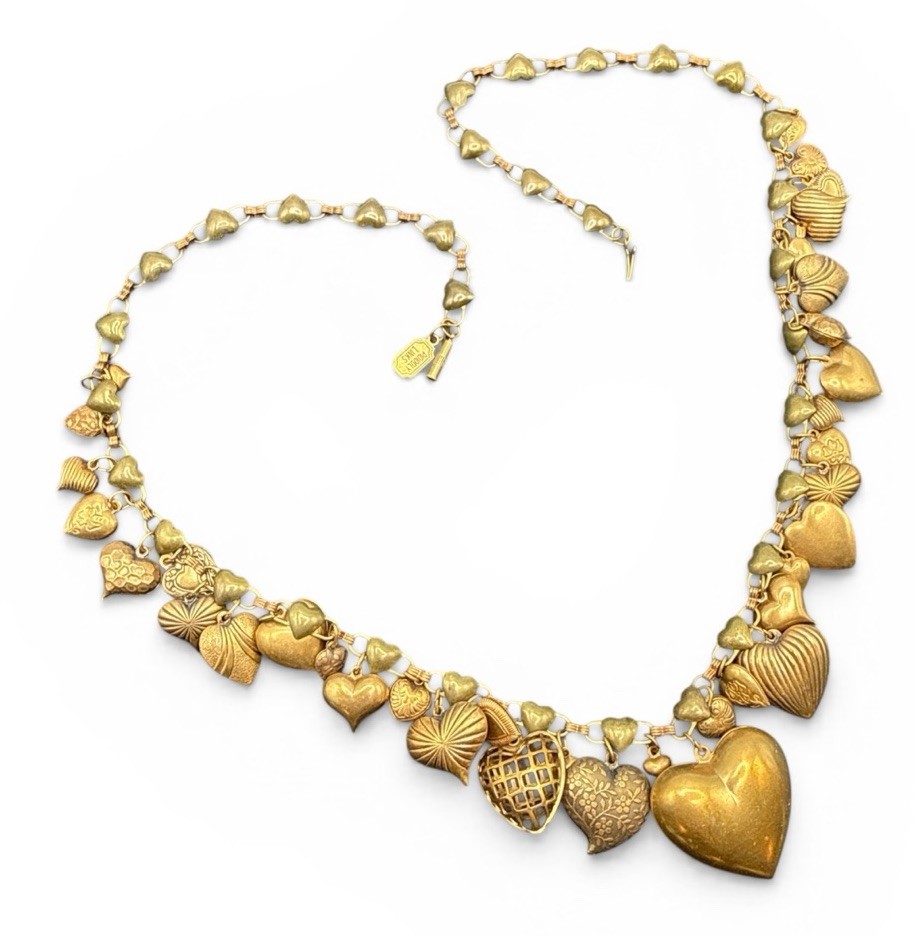Pididdley Links Signed Loaded Heart Charm Necklace Gold Tone 24” C81