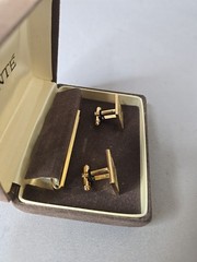 Vintage Mid-Century Modern Dante MCM Gold Tone Cufflinks & Tie Bar Clip