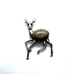 Vtg Deer Brooch Pin Rhinestone Eyes Fossil Cabochon Woodland Animal silvertone