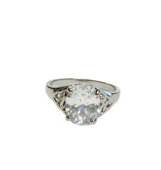Oval 10mm Cubic Zirconia Solitaire Ring Sz 7 Silver Tone Filigree Engagement EUC
