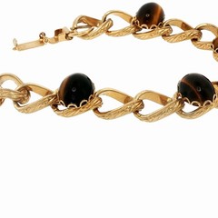 Vintage Gold Plated Filigree Engraved Bracelet Tiger Eye Cabochon 7 1/4”