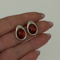 Vintage 925 Sterling Silver Natural Baltic Amber Cabochon Pear Post Earrings