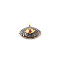 6ct Pave Diamond Evil Eye With Ruby Charm, 925 Sterling Vermeil Single Bail