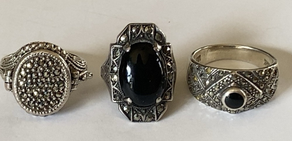 Vintage Sterling Silver 925 Marcasite Onyx Ring Lot ~ Compartment Ring ~ Deco ~