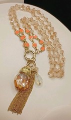 Vintage Beaded Necklace Tassel Opalite & Crystal Charm Pendant Sparkle Long 39″