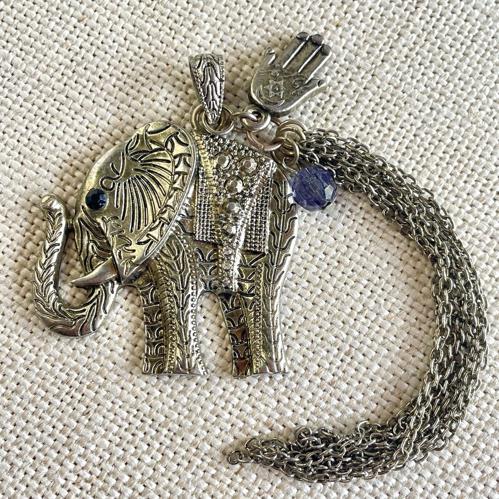 Vintage Boho Silver Tone Elephant Statement Pendant Hamsa Hand Tassel Charm 2”