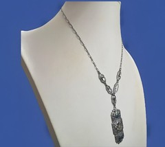 Antique Art Deco Rhodium Plated Filigree French Paste Flower Enamel Necklace