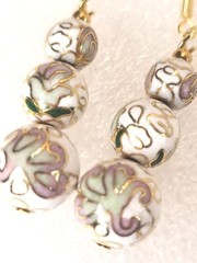 Japanese Bead Earrings Yellow Gold PL Hook Pin Accent White Lavender Floral Vtg