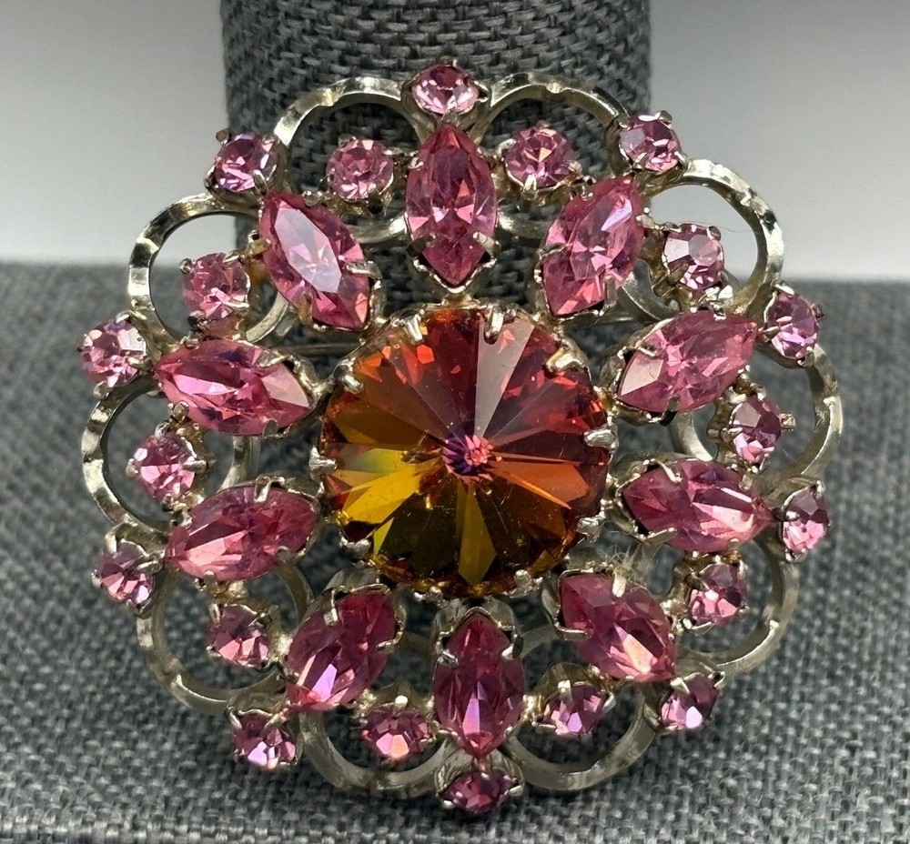 Vintage Rivoli Aurora Borealis Pink Rhinestone Brooch Pin Filigree Silver Tone
