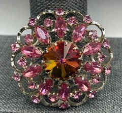 Vintage Rivoli Aurora Borealis Pink Rhinestone Brooch Pin Filigree Silver Tone