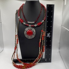 Necklace Lot Of 3 RED BOHO Eclectic, Glass, Metal, Plastic, Beads Estate