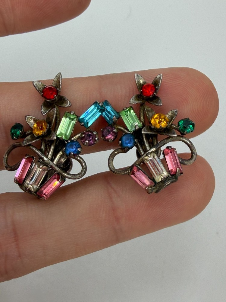 Vintage Earrings Cal Arts Sterling Flower Basket Multicolor Screw On