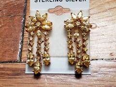 VINTAGE * STERLING SILVER (925) * EARRINGS 1″- GOLD PLATE on SILVER, CITRINE