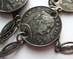 30in VINTAGE 1967 CINCO CENTAVOS MEXICO COIN SILVER PLATED ORNATE CHAIN NECKLACE