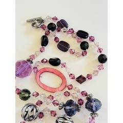 Vtg Necklace 90s Crystal Purple Pink Faceted Beads Mother Of Pearl Beads 40″