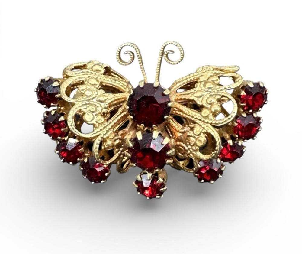 Vintage Red Rhinestone Butterfly Brooch J42