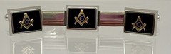 Vintage Anson Freemason Masonic Cufflinks Tie Bar Set Black Enamel Original Box