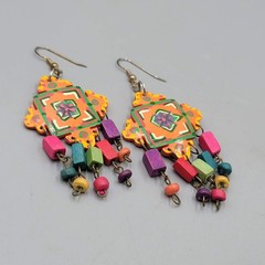 Vintage Multicolor Statement Pierced Earrings Wood Bead Hand Painted 2.5 in