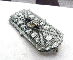 ART DECO 10K WHITE GOLD ANTIQUE VINTAGE FAUX SAPPHIRE DIAMOND FILIGREE PIN 4.4GR