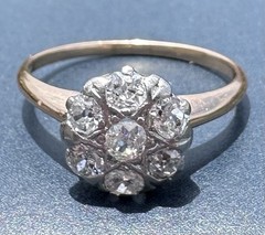 ART DECO 1930’s OLD MINE CUT DIAMOND DAISY FLOWER RING 13K 14K 15K GOLD