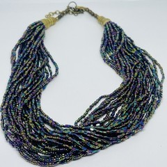 Vintage Oil Slick Iridescent Bead Torsade Necklace Statement Brass Boho Chic