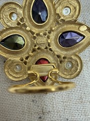 Vintage @TAT Multicolor Rhinestone Brooch – Faux Pearl Gold Tone Statement Pin
